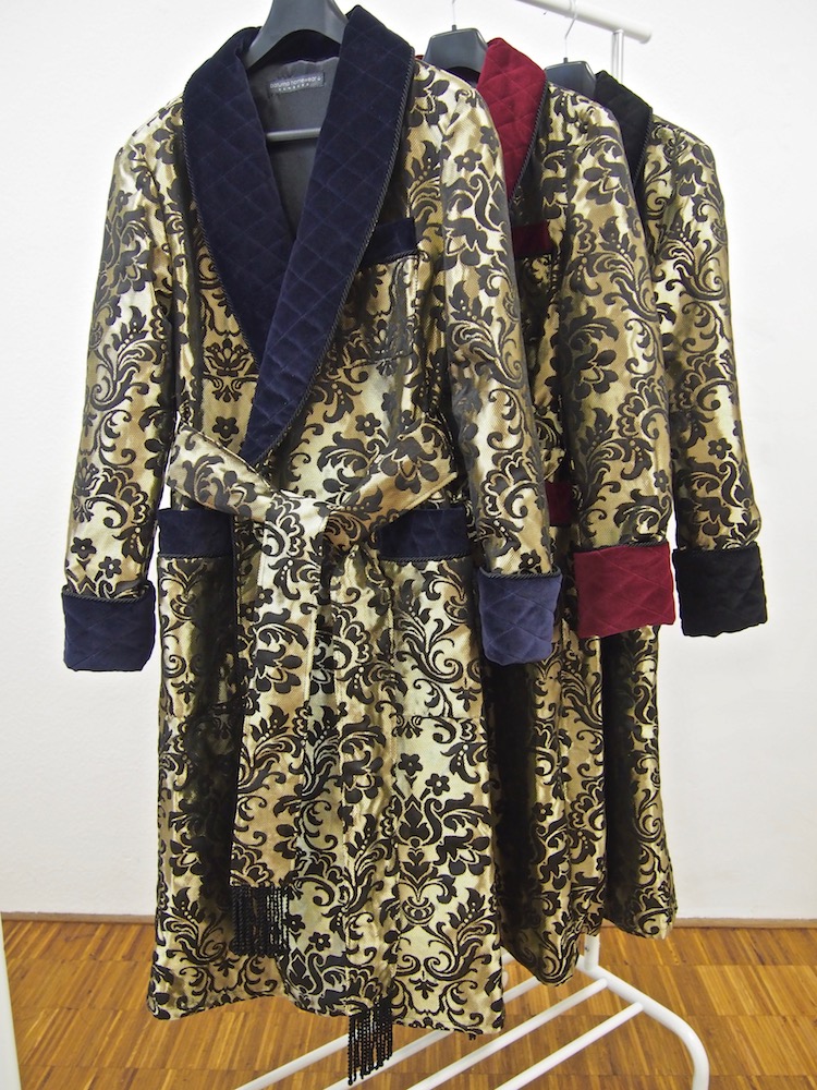 Vintage Gold Satin Robe  Luxurious Brocade Pattern  Smoking Jacket  Size S-M