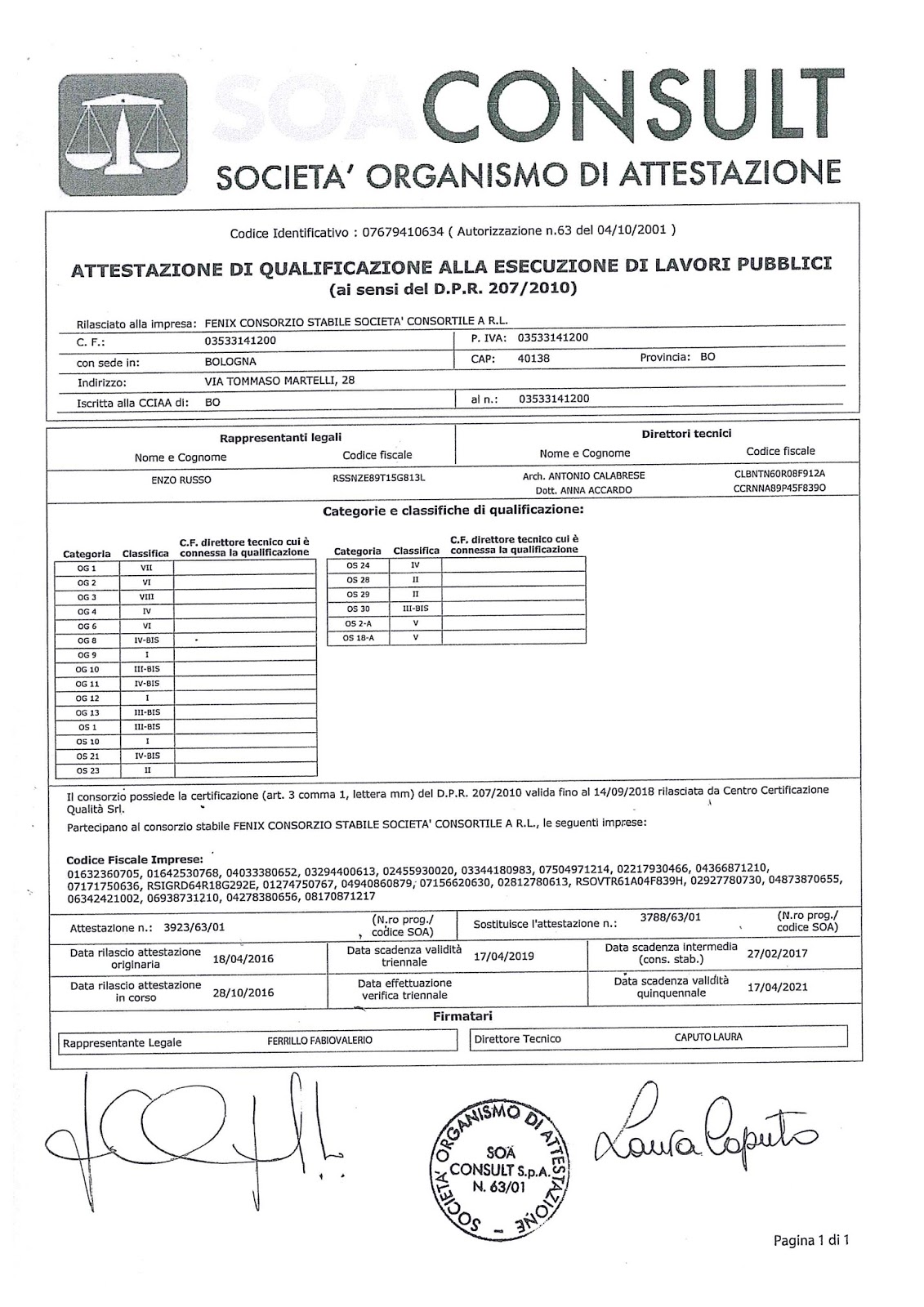 Fenix Consorzio Stabile scarl ATTESTATO SOA