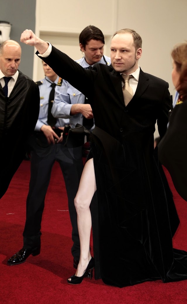 A composite image, where the top half is of Anders Breivik in court, and the bottom half blends into Angelina Jolie's exposed leg on the 2012 Oscar Awards red carpet.
