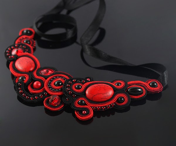 beautiful soutache necklace, claret, red and black colours, jasper, howlit swarovski