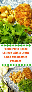 A SHEET PAN meal that both easy and quick to make for a weeknight meal that on the table in under 45 minutes!  Presto Pesto Panko Chicken with a Green Salad and Roasted Potatoes - Slice of Southern