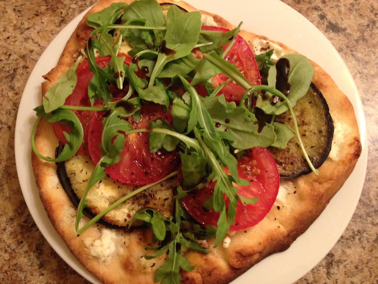 Fig & Rose Goat Cheese, Eggplant, Tomato + Arugula Pizza