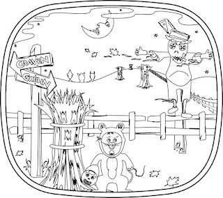 Halloween night scene with corn field with scarecrow in excerpt for The Pumpkin Dream coloring book by Bindlegrim