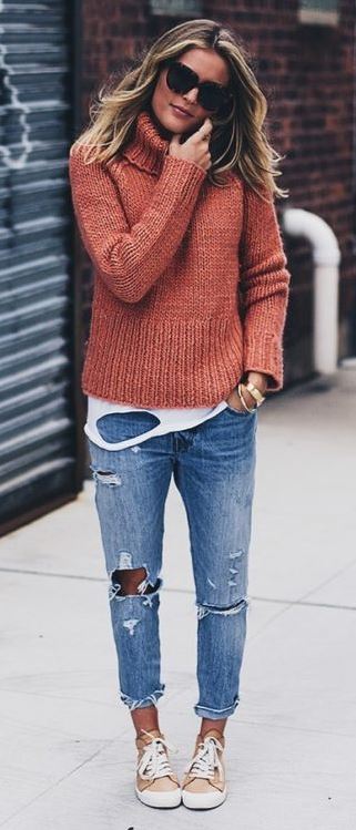 Bright Sweater and Ripped Boyfriend Jeans