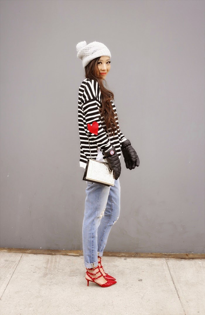 Asos stripe sweater with heart elbow patch, stripe sweater, elbow patch, river island beanie, canada goose gloves, baublebar 360 pearl studs, 7fam boyfriend jeans, valentino rockstuds heels, 31phillip lim shoulder bag, cute outfit ideas, fashion blog, NYFW