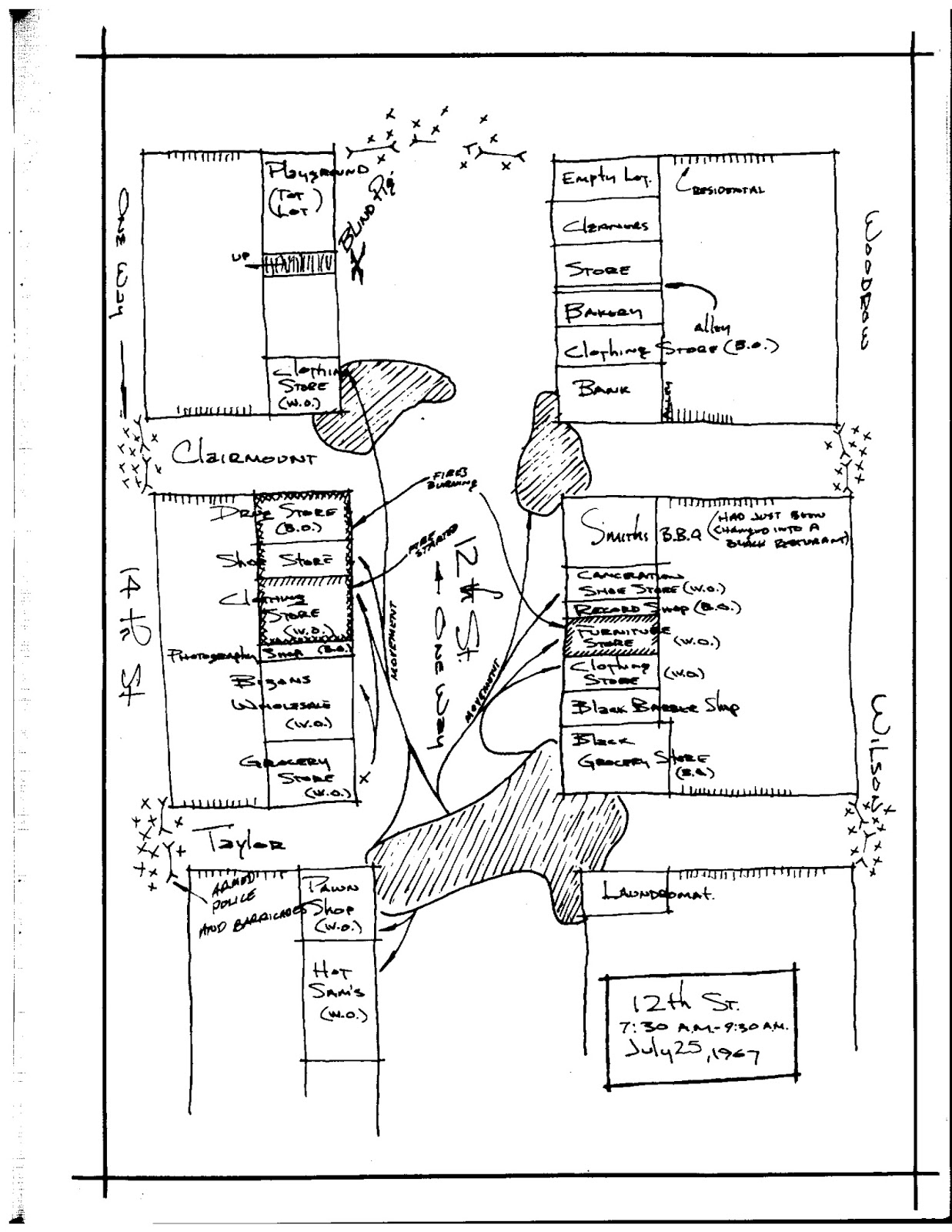 bar called the blind pig top of the map on 12th street now rosa parks boulevard the next map shows the spread of the riot between 7 30 and 9 30 bar called the blind pig top of the map on 12th street now rosa parks boulevard the next map shows the spread of the riot between 7 30 and 9 30