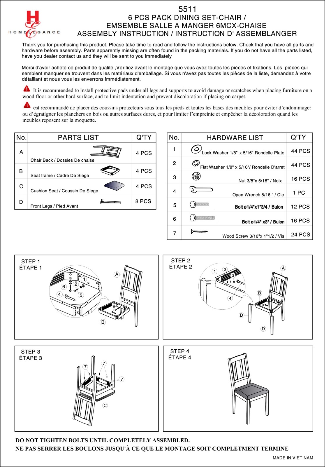 Homelegance Assembly Instructions