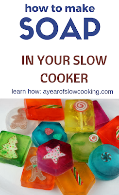 Use glycerin soap and molds to make beautiful soap to give as gifts. The crockpot slowly melts the glycerin so you have an easy craft with no mess. Great for kids!