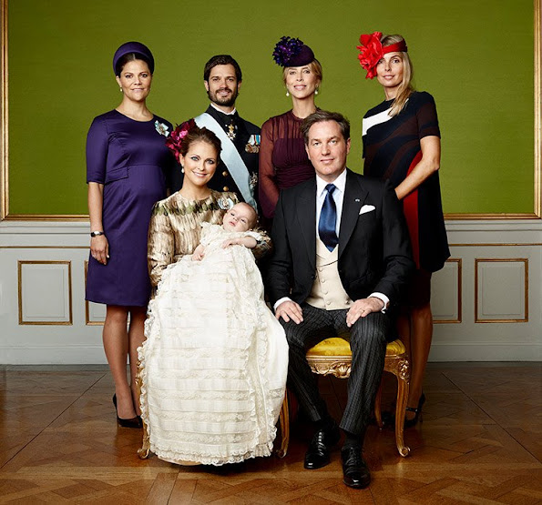 King Carl Gustaf, Queen Silvia and Mrs Eva O'Neill, while a third features Nicolas' aunts and uncles, including Crown Princess Victoria, who is herself expecting her second baby, and Prince Carl Philip