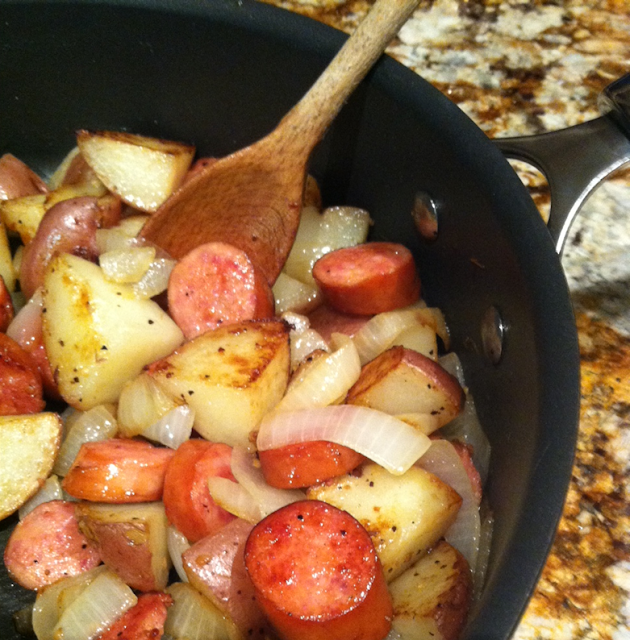 Smoked Sausage, Sautéed Onion, Potato and Thyme Skillet
