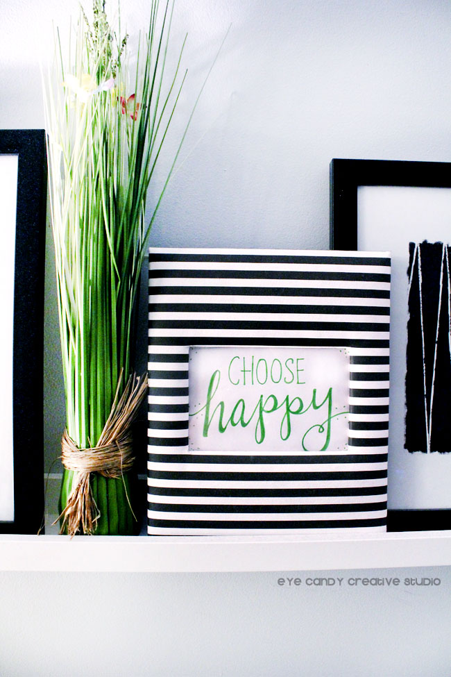 black & white stripe, framed art, choose happy, hand lettering, plant