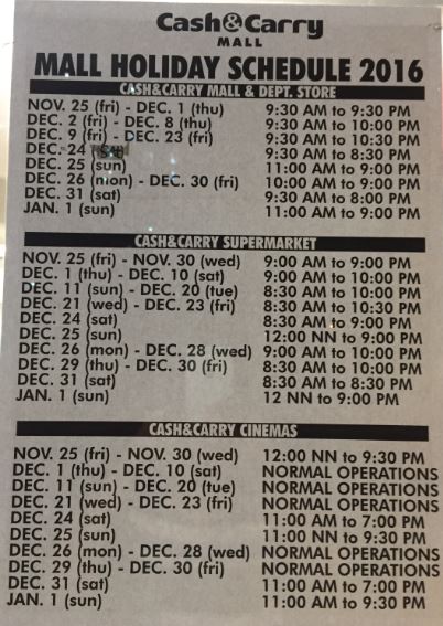 Cash and Carry mall schedule Christmas