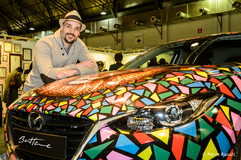 Ben Heine Art on Mazda Car at Brussels Affordable Art Fair (lion made of circles and colorful abstract composition) - 2015