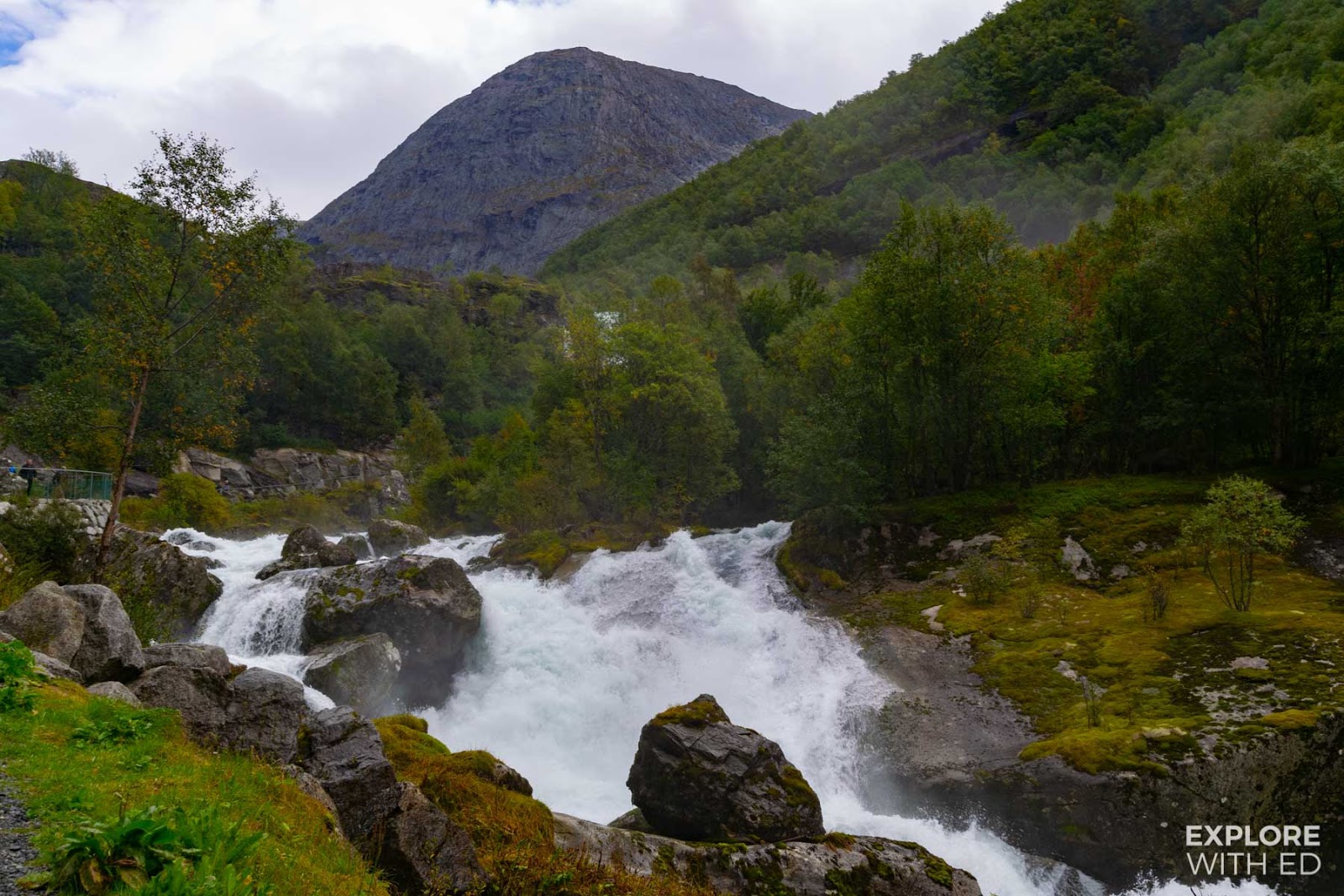 Walking route to Briksdal Glacier along the rocky river