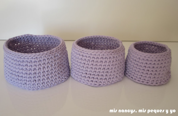 mis nancys, mis peques y yo, cestas redondas de trapillo con fundas de tela, juego de tres cestas