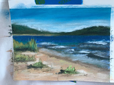 practice pastel painting beach landscape, sand and water