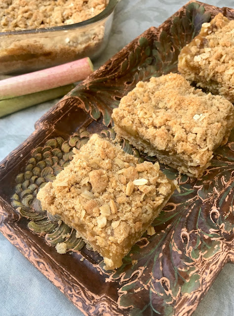 Finished plate of cut squares of rhubarb oatmeal bars.