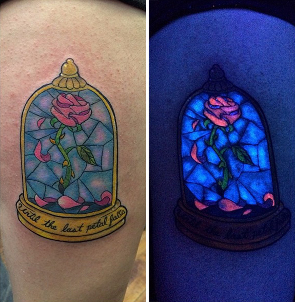 #5. The rose from Beauty and the Beast. - 30 Glow-In-The-Dark Tattoos That’ll Make You Turn Out The Lights. #5. The rose from Beauty and the Beast. - 30 Glow-In-The-Dark Tattoos That’ll Make You Turn Out The Lights.