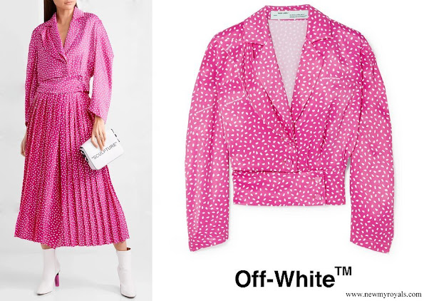 Queen Rania wore Off-White printed satin blouse