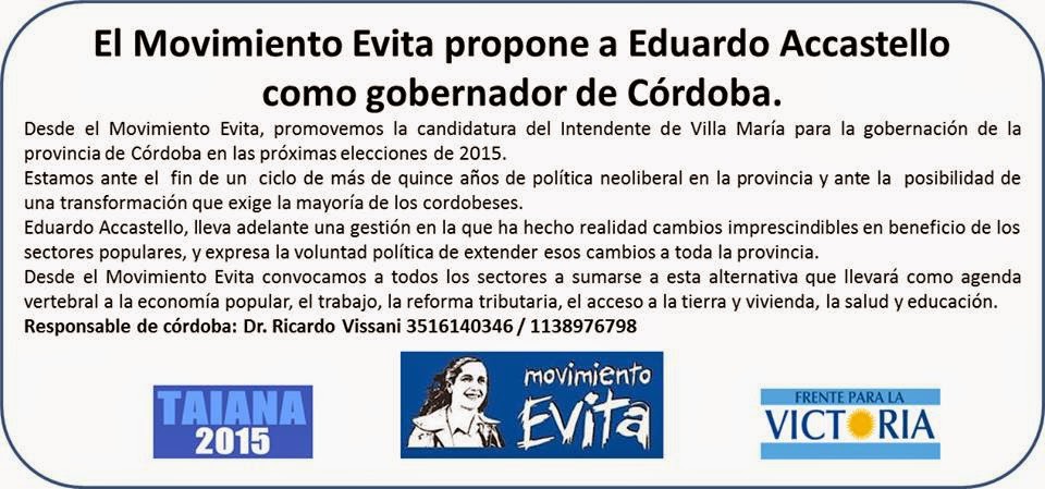 El Movimiento Evita Córdoba informa que apoya a Eduardo Accastelo para candidato a Gobernador
