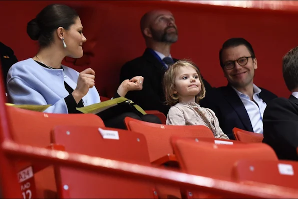 Crown Princess Victoria of Sweden, Prince Daniel and Princess Estelle attends the opening of the European Figure Skating Championships 2015