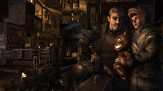 A man and a young boy sit together in a settlement deep beneath Moscow, from Metro 2033