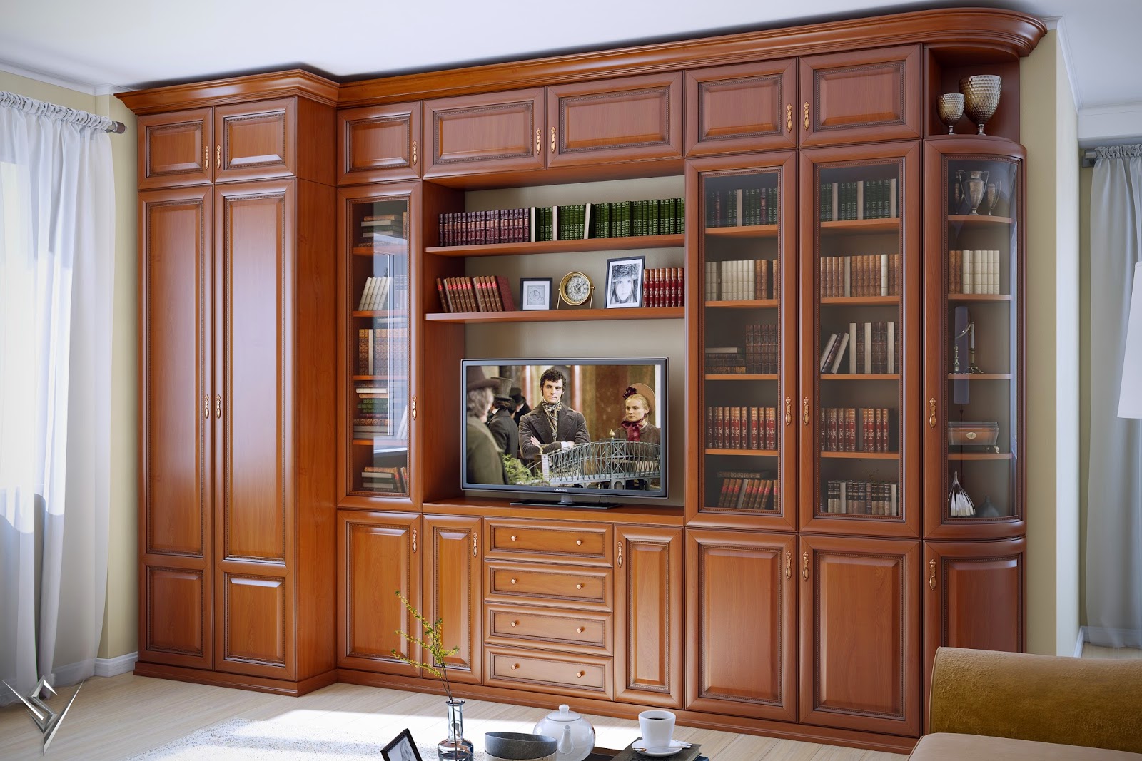 стенка с стеклянными дверцами в гостиную