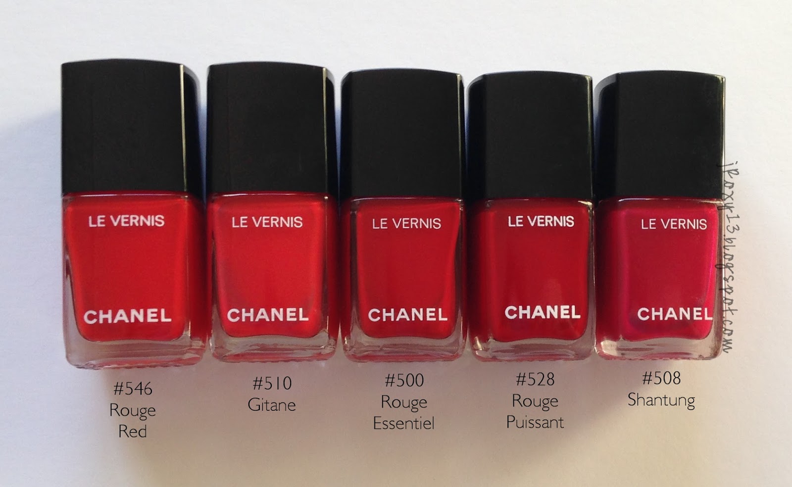Chanel in #546 Rouge Red, #548 Blanc White, #556 Beige Beige, and Le Top  Coat Top Coat Teinté in Black Métamorphosis Swatches + Comparisons