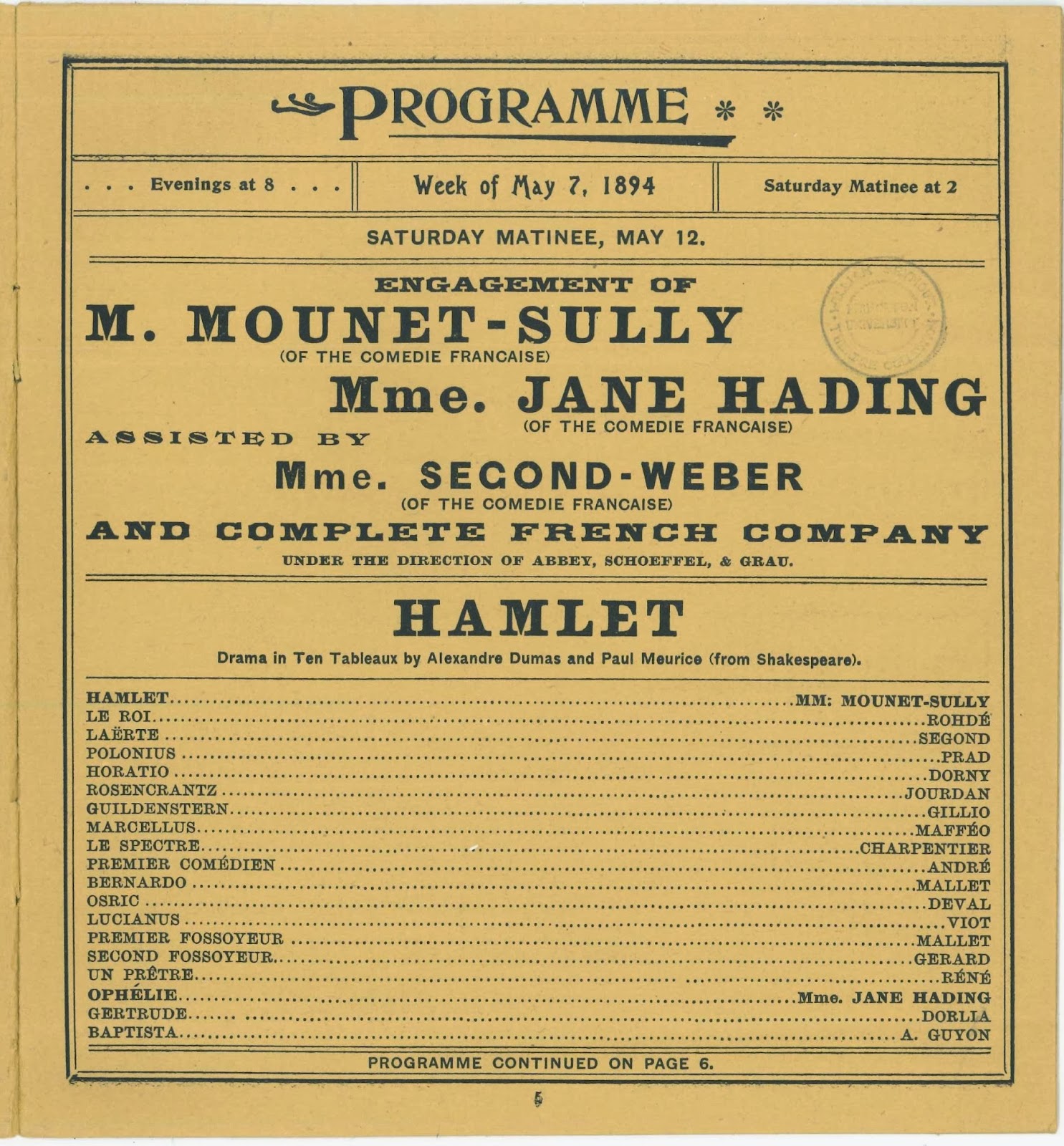A playbill for a French production of Hamlet.