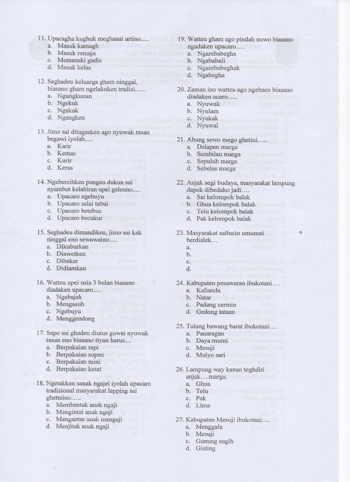 Soal Bahasa Lampung Kelas 8 Semester 2 Dan Kunci Jawaban File Guru Sd Smp Sma