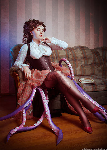 Steampunk octopus lady costume. octopod tentacles, corset, blouse and skirt. Victorian steampunk cosplay inspiration.