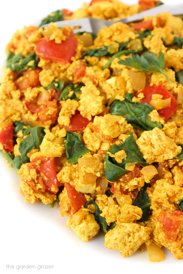 The Garden Grazer Tofu Scramble with Spinach and Tomato