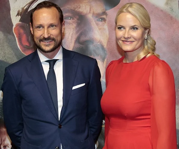 Crown Princess Mette-Marit wore a red color  Velentino Long Gown, dress, Bottega Vaneta Clutch, Acne Lace pumps, shoes, diamond earrings