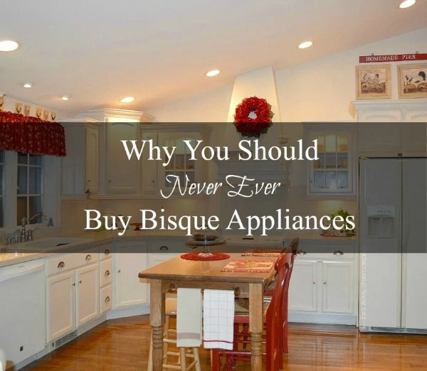 Why You Should Never Buy Bisque Appliances text over white and red kitchen photo