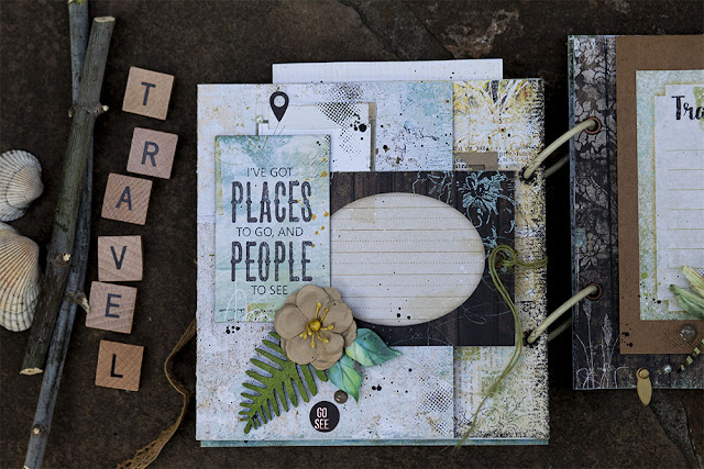 Scraps of Darkness scrapbook kits mini album tutorial: Tataiana Yemelyanenko created this beautiful travel journal with our July2017 kit and did a Youtube process video. Blue Fern Wanderlust.