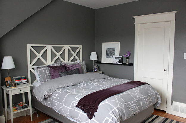 Preto, cinza e roxo na decoração do quarto