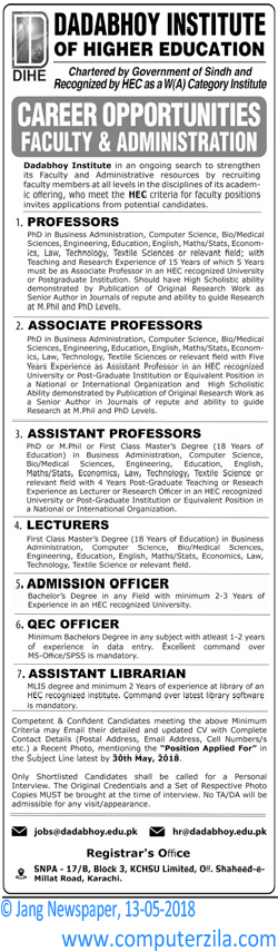 Career Opportunities Faculty & Administration at Dadabhoy Institute of Higher Education