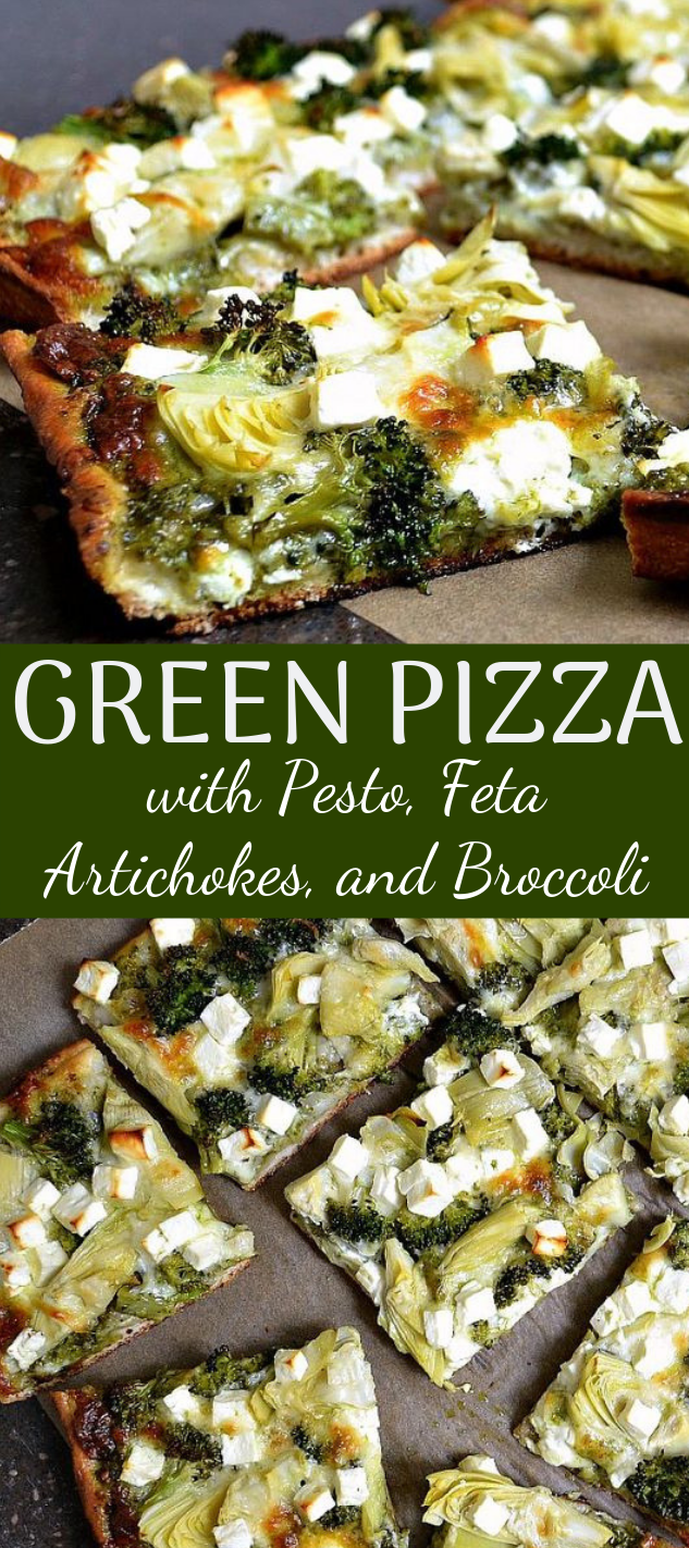 Green Pizza with Pesto, Feta, Artichokes, and Broccoli #vegandinner #meatless
