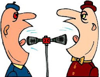 cartoon of two heads yelling into a two sided megaphone at the same time without listening