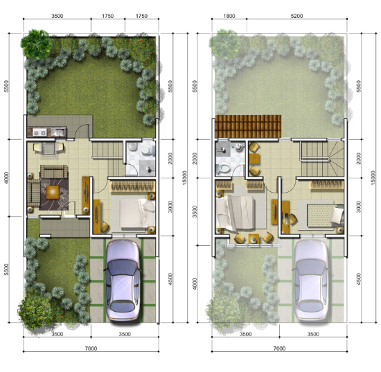 Denah rumah minimalis ukuran 7x15 meter 3 kamar tidur 2 lantai