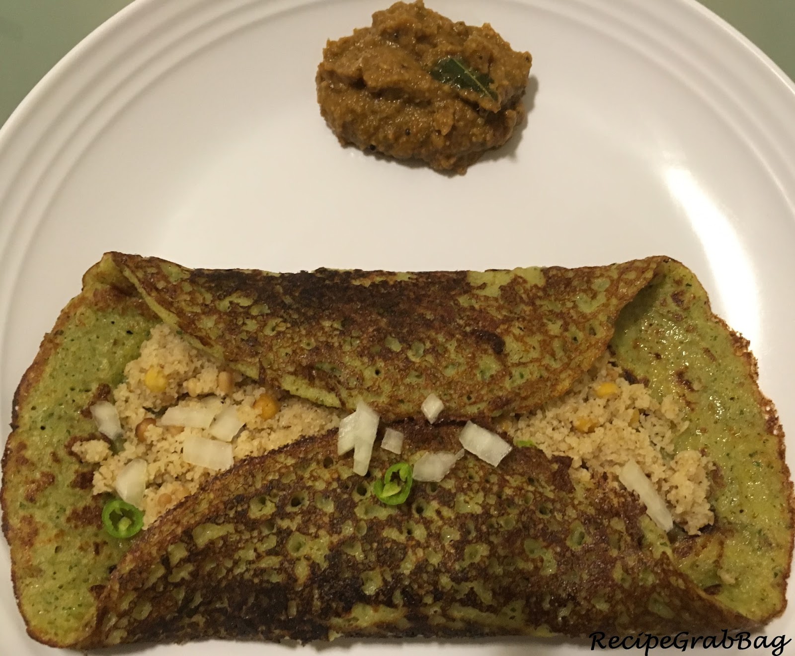 RecipeGrabBag Pesarattu (Lentils dosa) with Tomato Onion Chutney