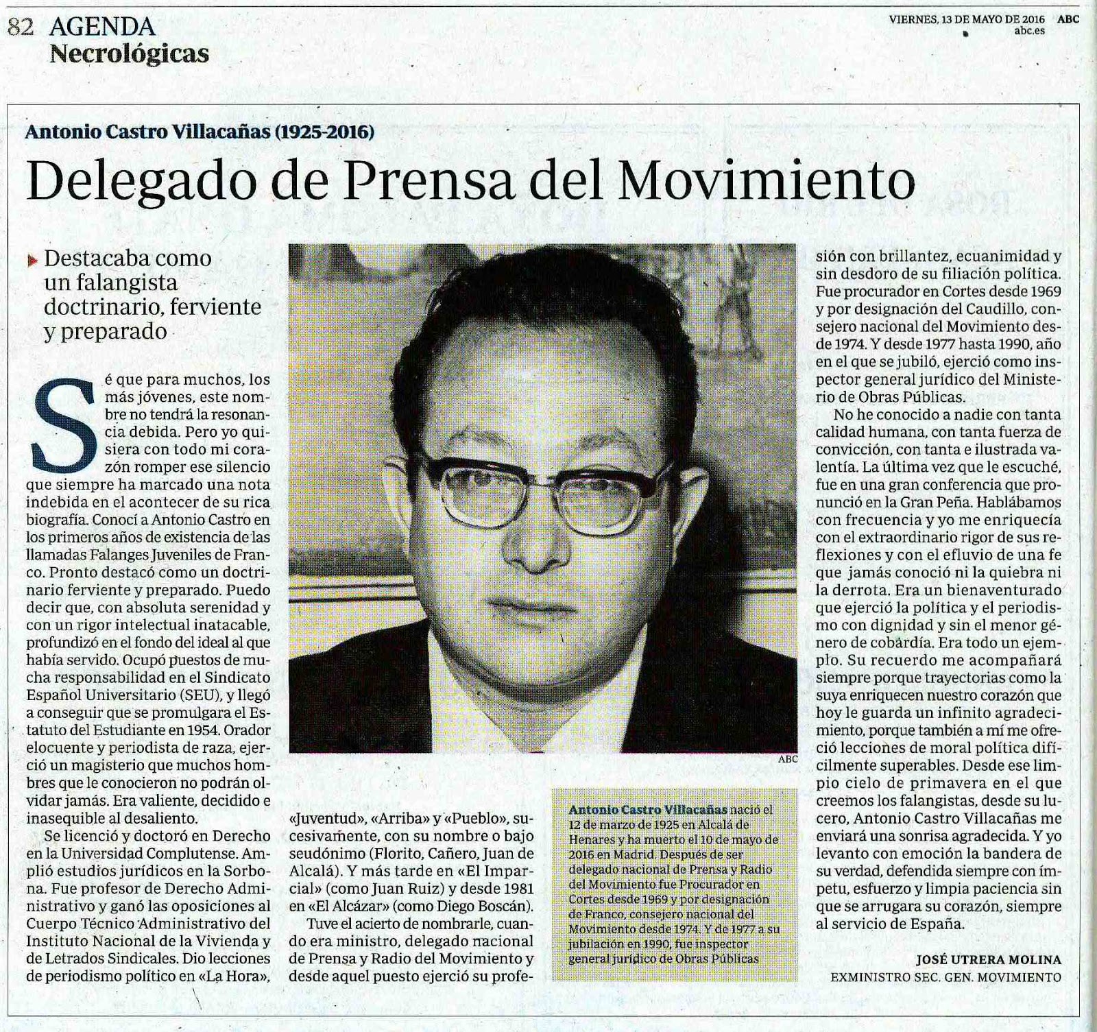 Arriba En la muerte de Antonio Castro Villacañas. Por José Utrera Molina