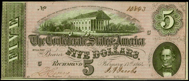 CONFEDERATE TREASURY WARRANT IN THE AMOUNT OF FIVE DOLLARS