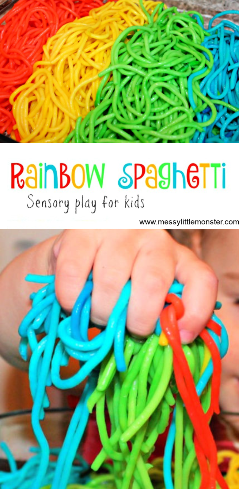 How to dye rainbow spaghetti for sensory play. Babies, toddlers and preschoolers will all love this coloured spaghetti. 