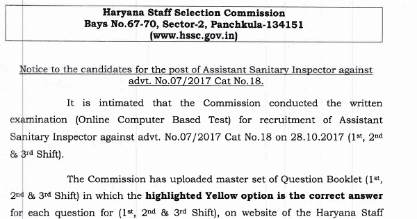 HSSC Assistant Sanitary Inspector Answer Key Download