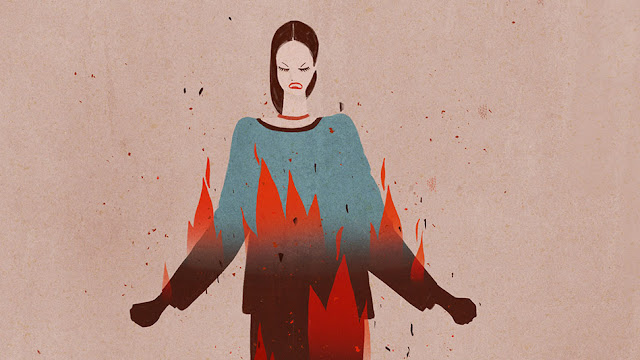 Woman on fire with anger and rage