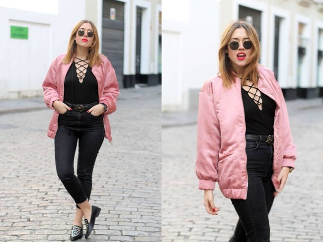 http://lookbook.nu/toks Mango 2016 Spring Pink Satin Bomber Jacket