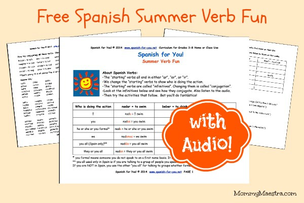 Free printable Spanish summer verb activity with audio