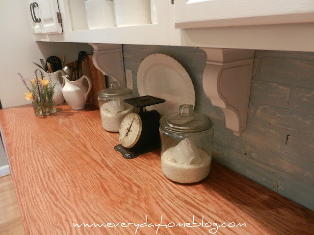 white kitchen, white cabinets, corbels, faux, backsplash, brick, paint, Annie Sloan Chalk Paint, faux brick