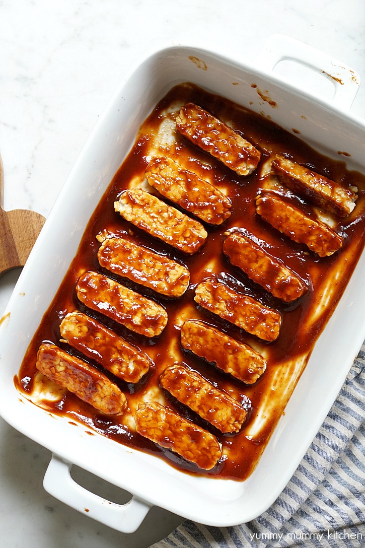 baked BBQ tempeh How to make tempeh with BBQ sauce.